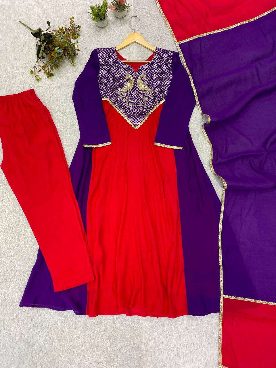 Festive Sequence Embroidered Mul Chanderi Anarkali Suit Set