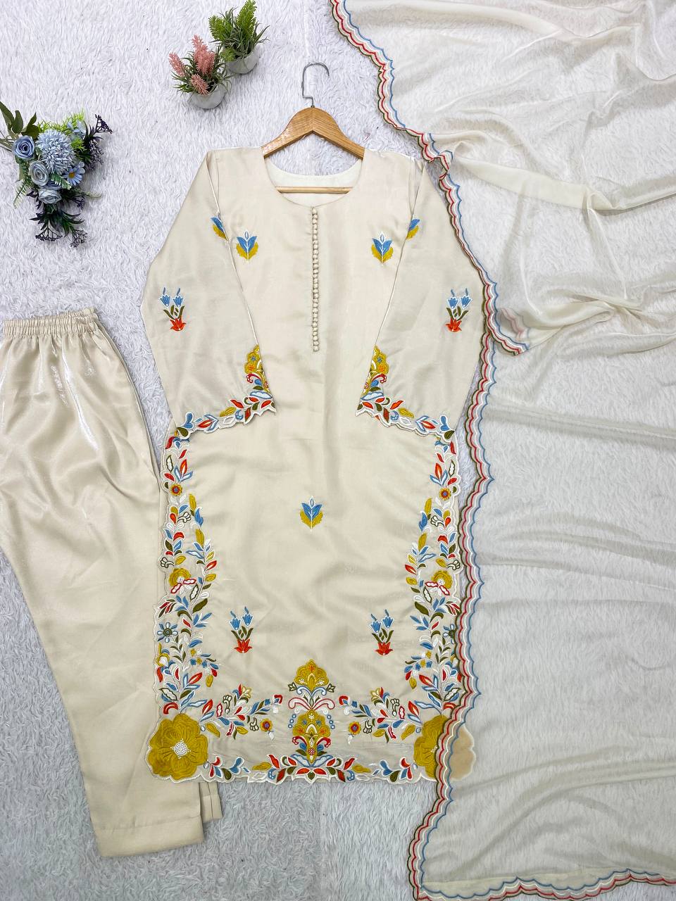 Premium Festive Cream Embroidery Glass Roman Silk Suit Set
