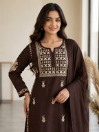 Very Attractive Brown Premium Rayon Embroidery Suit Set Set