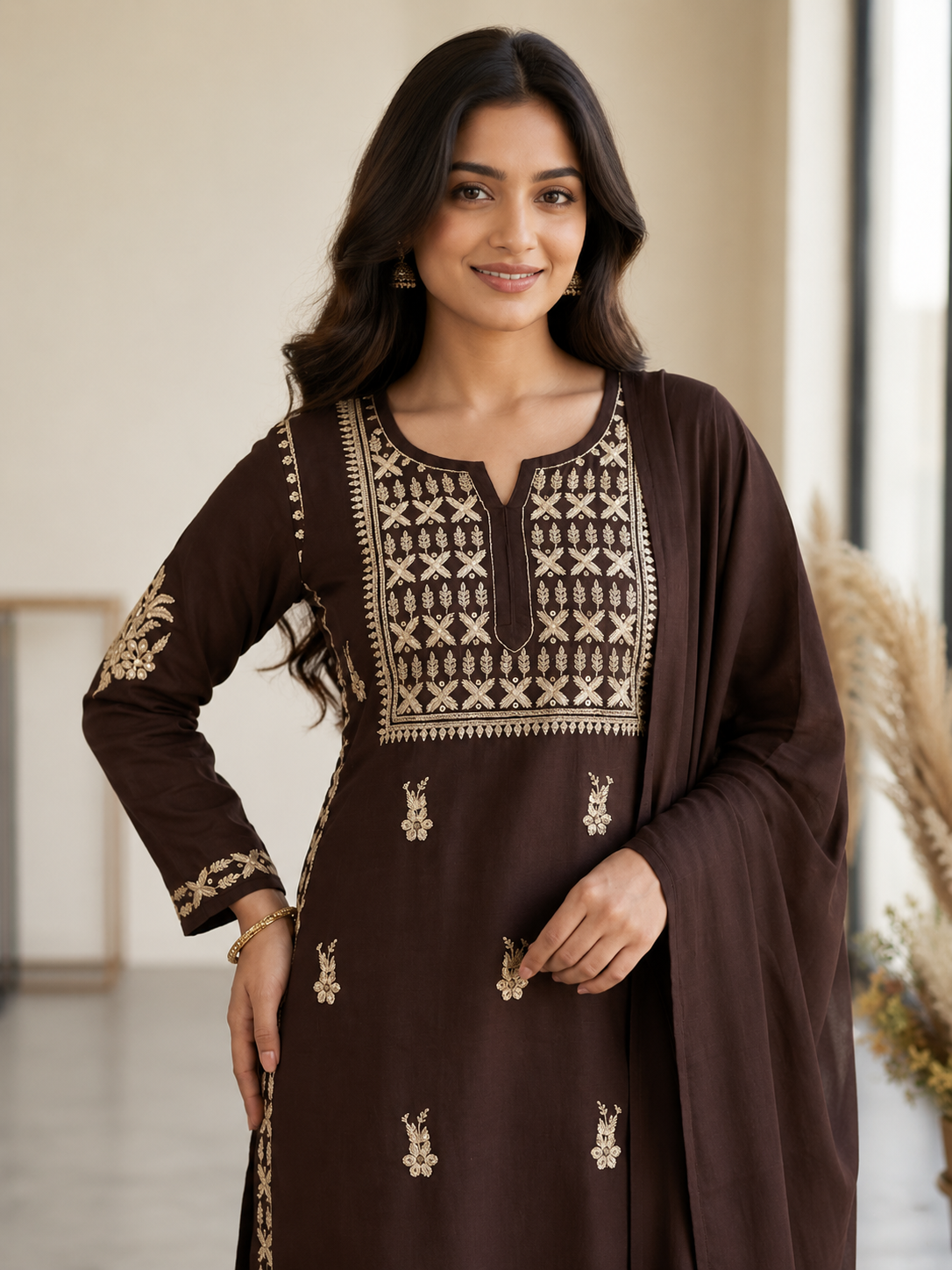 Very Attractive Brown Premium Rayon Embroidery Suit Set Set