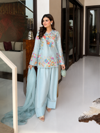 Elegant Modern Ice Blue Embroidered Crape Silk Suit Set with Organza Dupatta