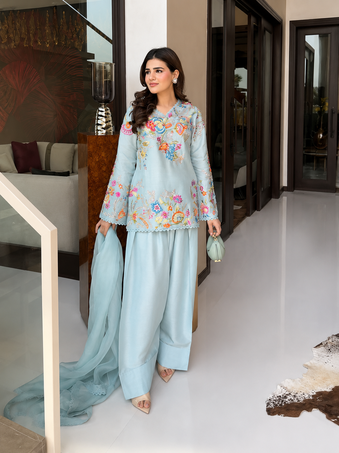 Elegant Modern Ice Blue Embroidered Crape Silk Suit Set with Organza Dupatta