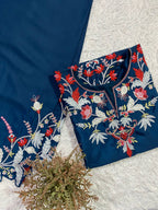 Premium Teal Blue French Crepe Embroidered Co-ord Set