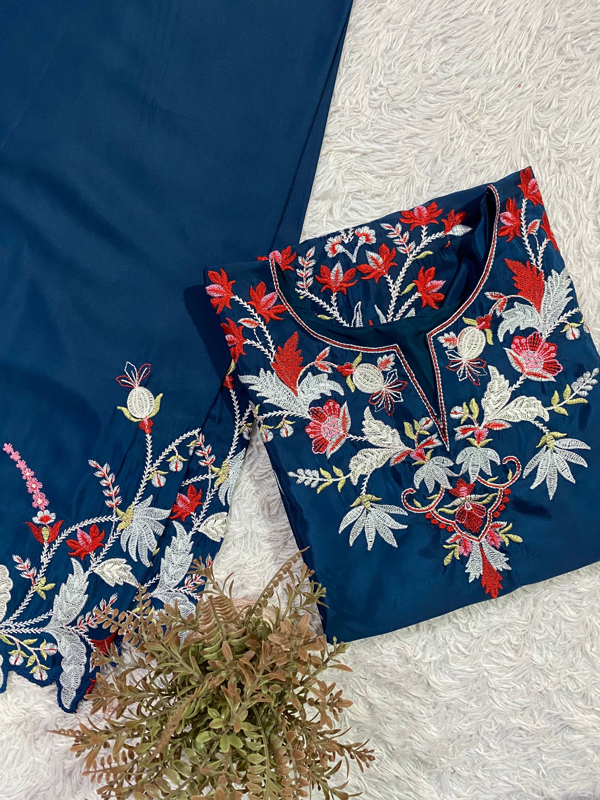 Premium Teal Blue French Crepe Embroidered Co-ord Set