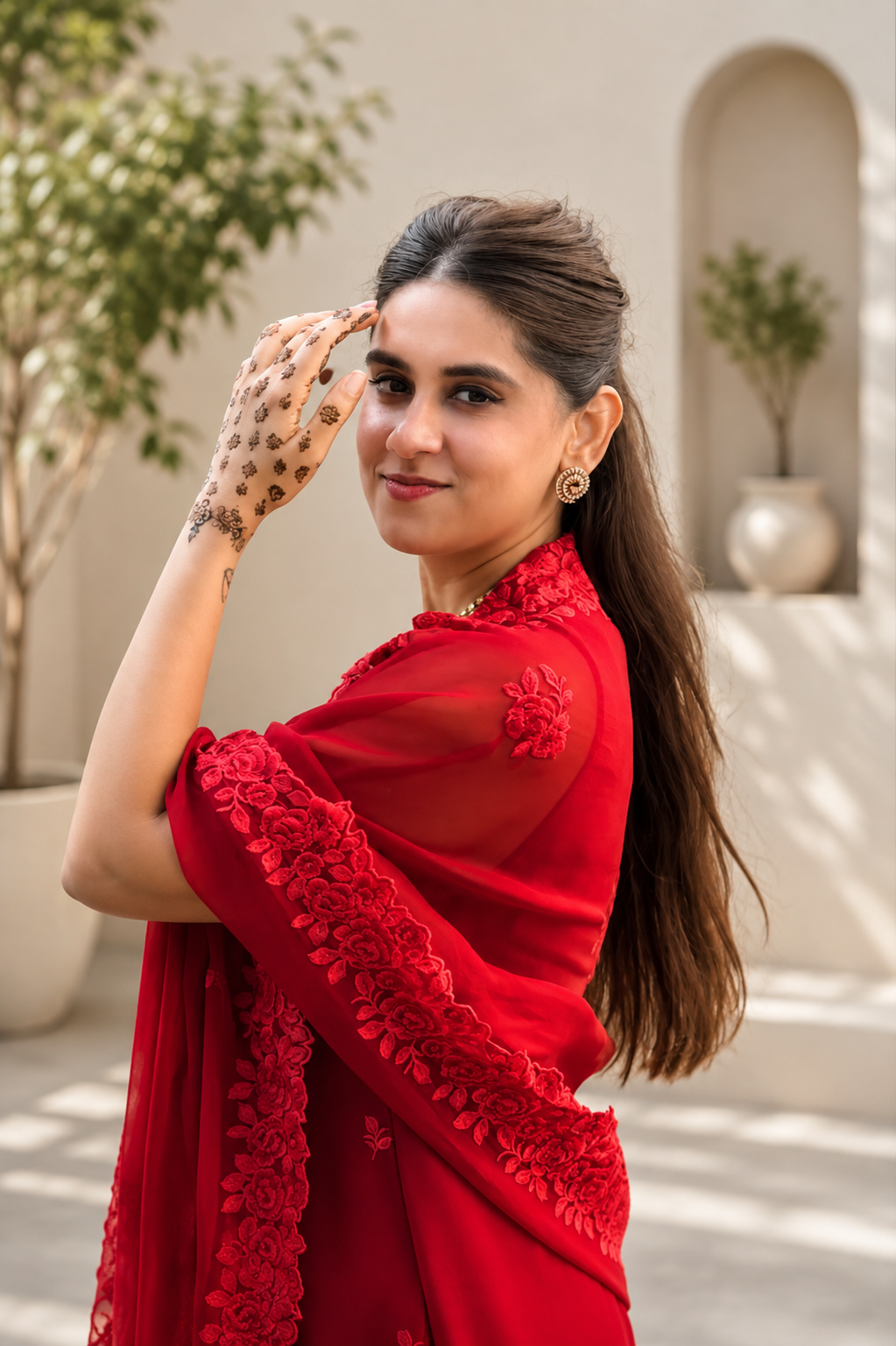 Premium Ruby Red Faux Georgette Festive Suit Set