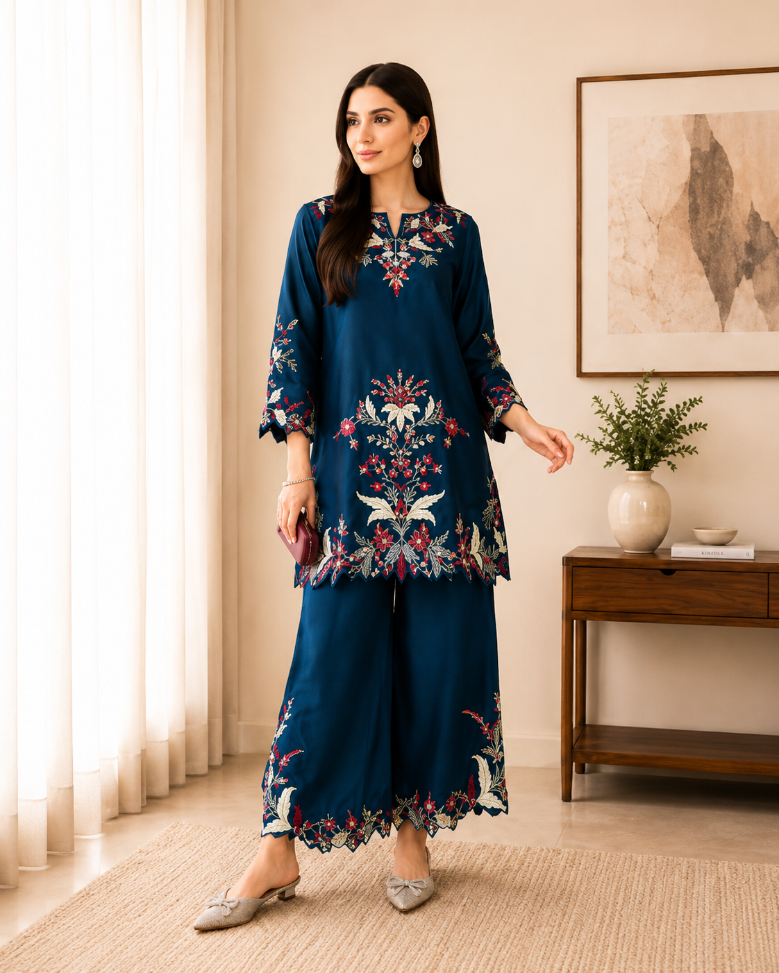 Premium Teal Blue French Crepe Embroidered Co-ord Set