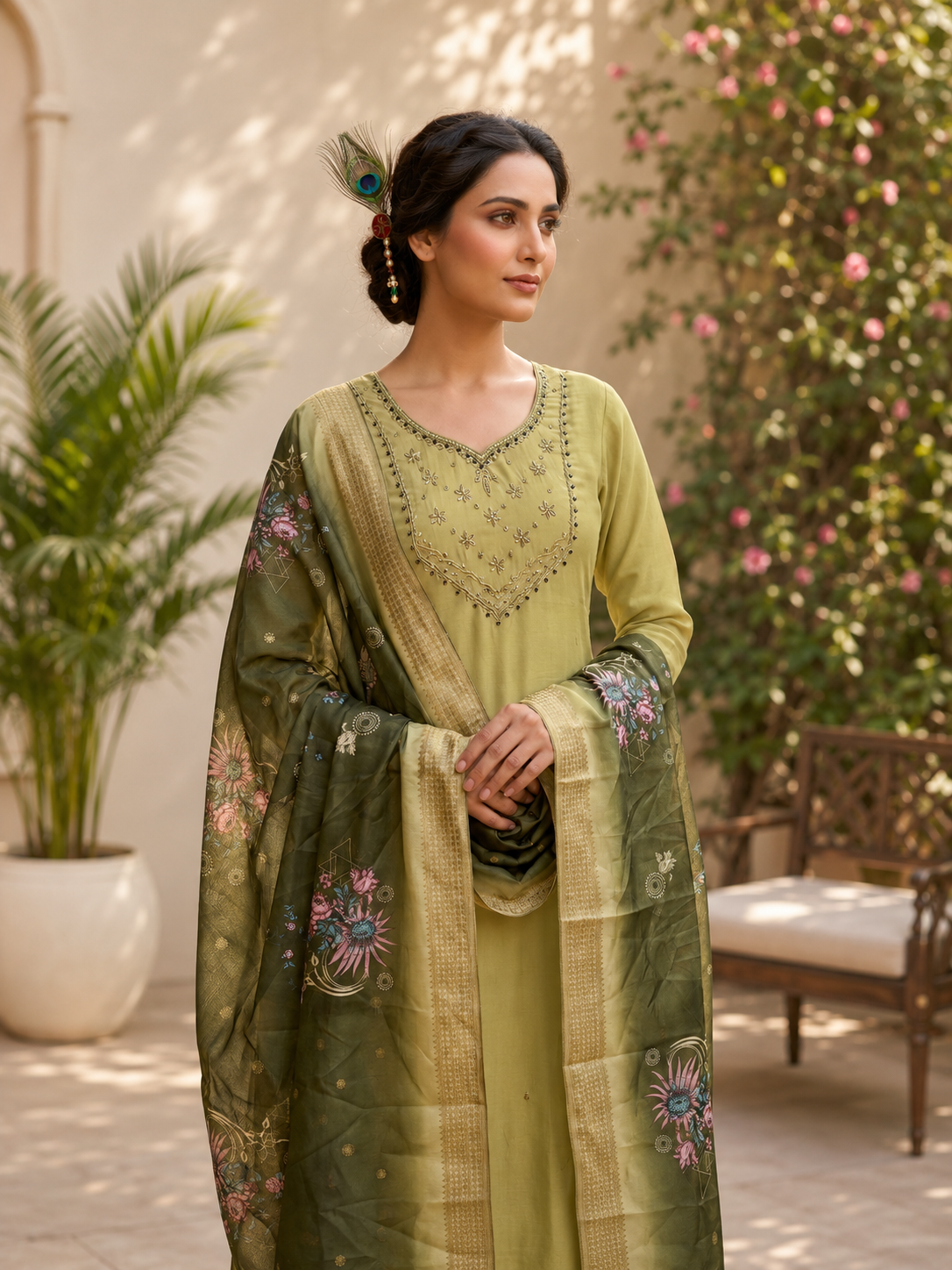 Very Beautiful Lime Green Handwork Premium Mul Chanderi Suit Set
