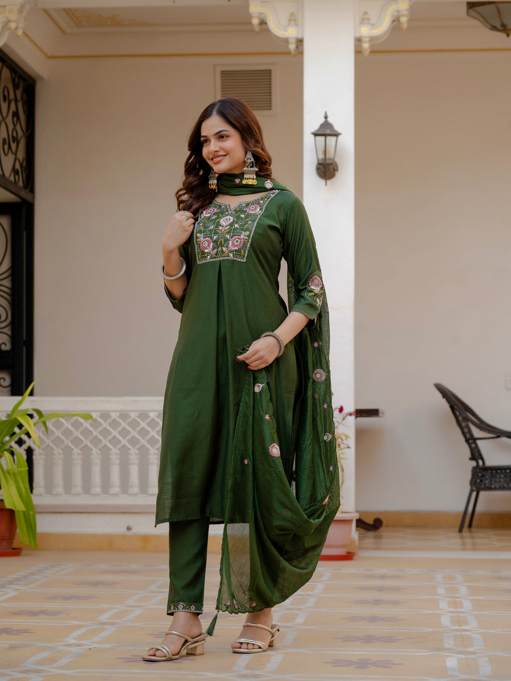 Elegant Green Mango Silk Suit Set with Floral Embroidery