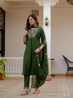 Elegant Green Mango Silk Suit Set with Floral Embroidery