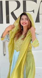 Designer Premium Lime Green & Pastel Blue Pure Mul Chanderi Embroidered Suit Set
