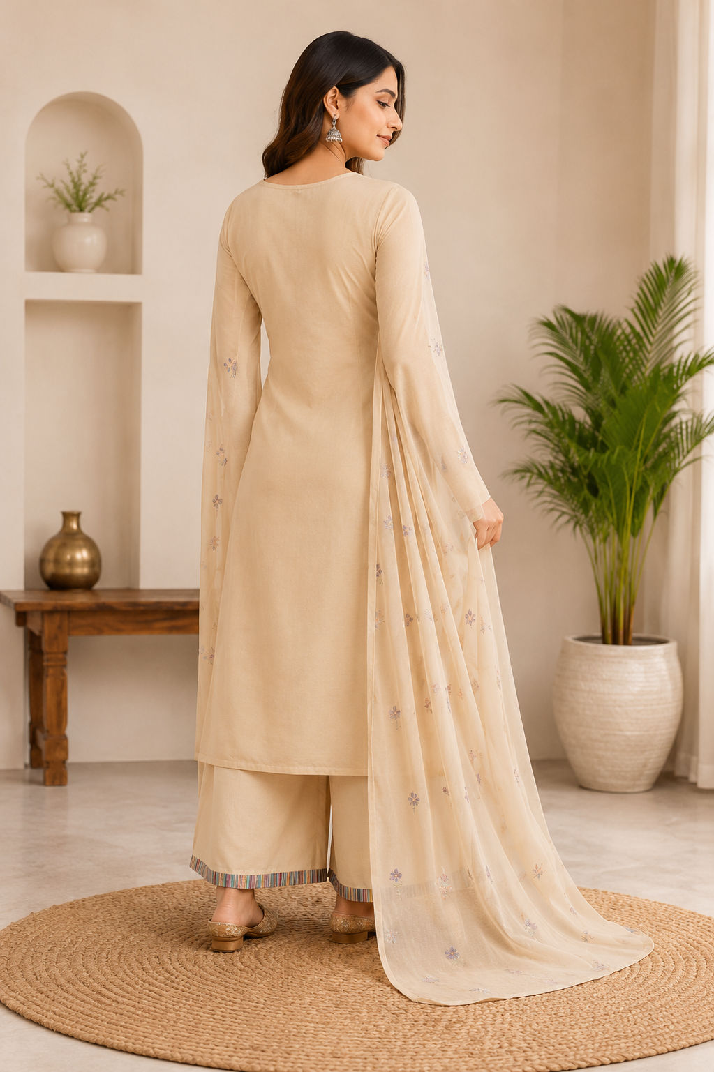 Elegant Beige Pure Cotton Thread Embroidery Suit Set