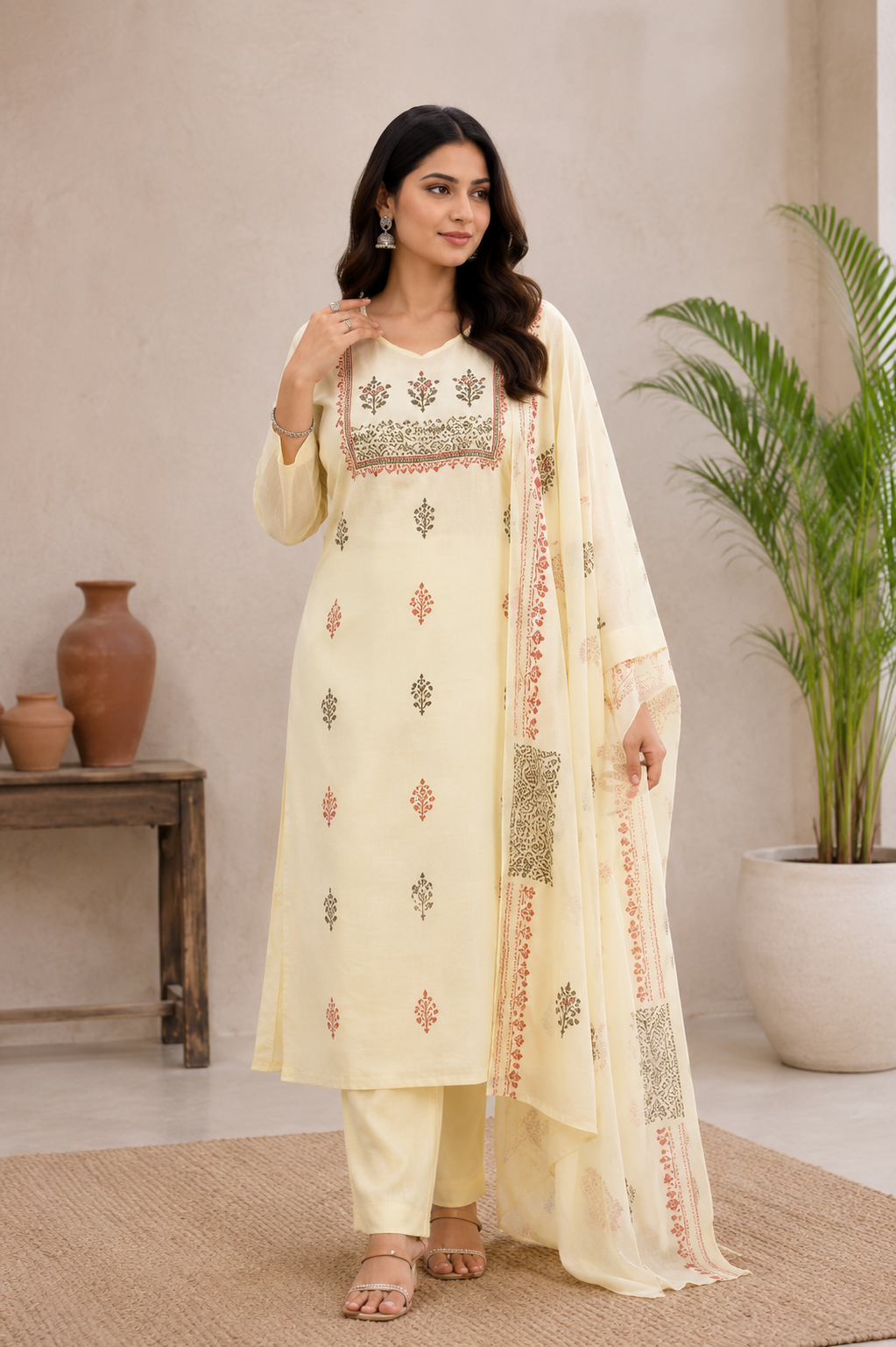 Ivory Cream Pure Cotton Hand Block Print Kurta Pant Set