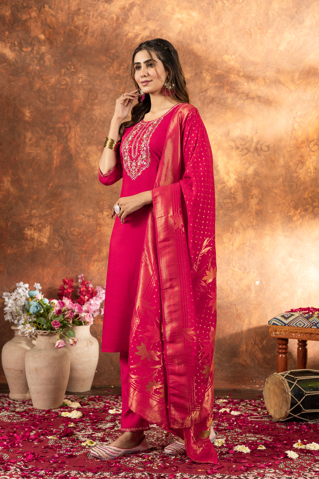 Designer Rani Pink Embroidered Marina Silk Suit