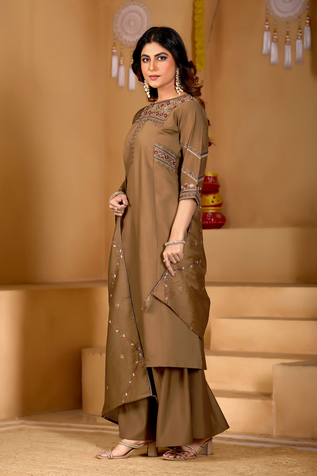 Beautiful Brown Viscose Mango Silk Anarkali Kurti Set