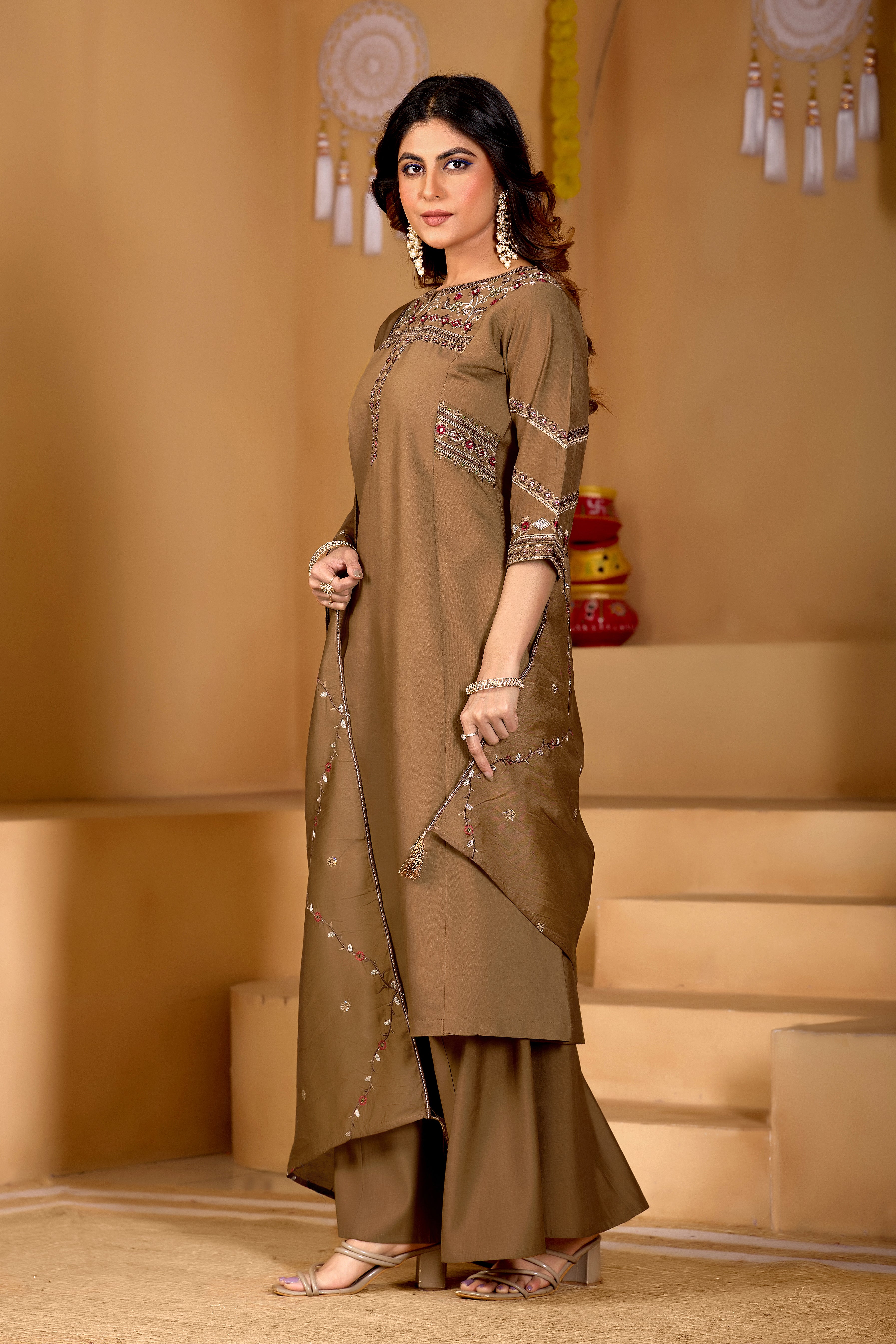 Beautiful Brown Viscose Mango Silk Anarkali Kurti Set