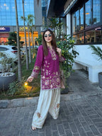 Very Attractive Magenta Floral Embroidered French Crepe Tunic Set