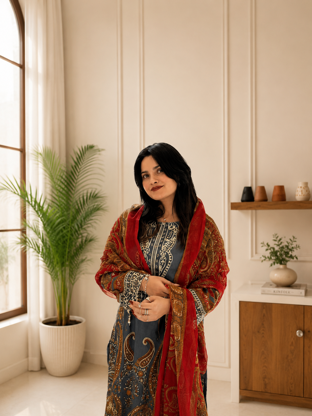 Elegant Blue Printed Chinon Anarkali Suit Set With Diamond Work
