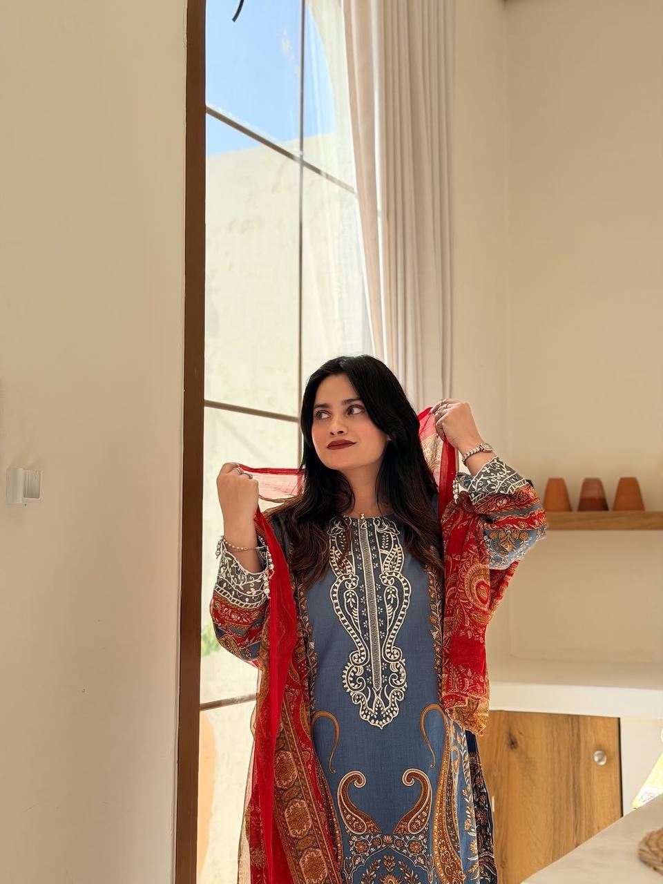Elegant Blue Printed Chinon Anarkali Suit Set With Diamond Work