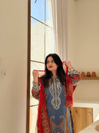 Elegant Blue Printed Chinon Anarkali Suit Set With Diamond Work