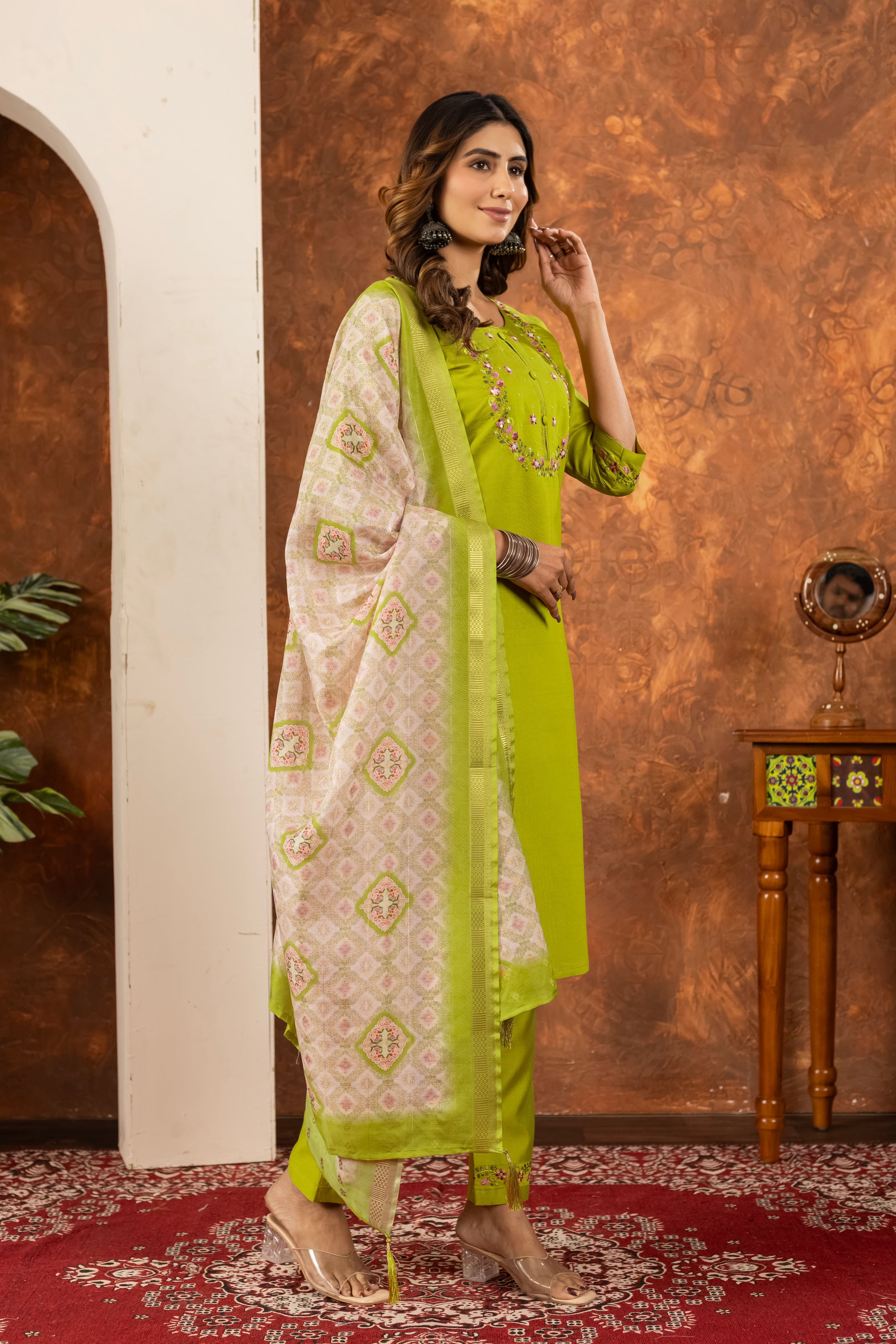 Women’s Marina Silk Embroidered Straight Suit Set