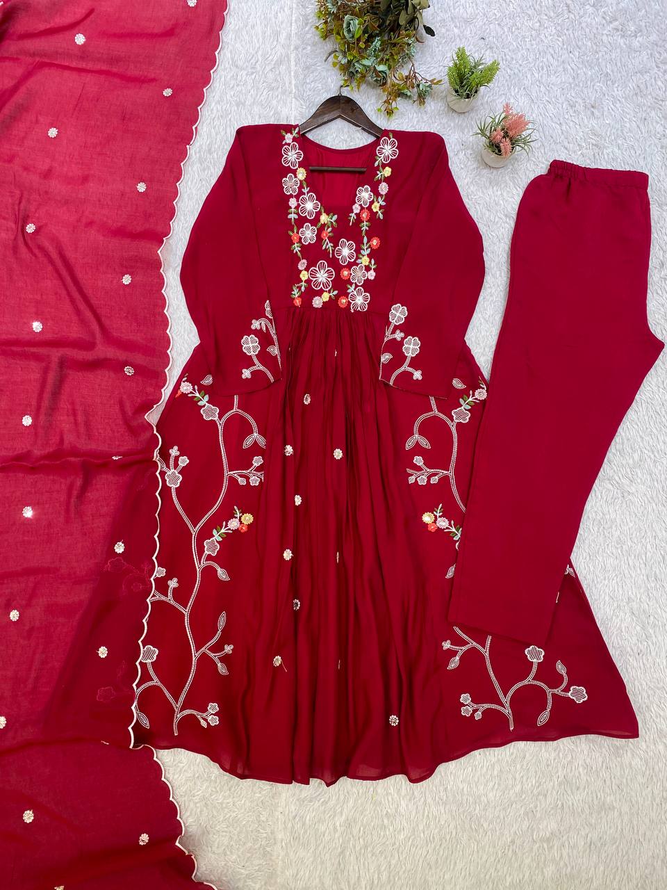 New Designer Festive Embroidery Mul Chanderi Anarkali Suit Set