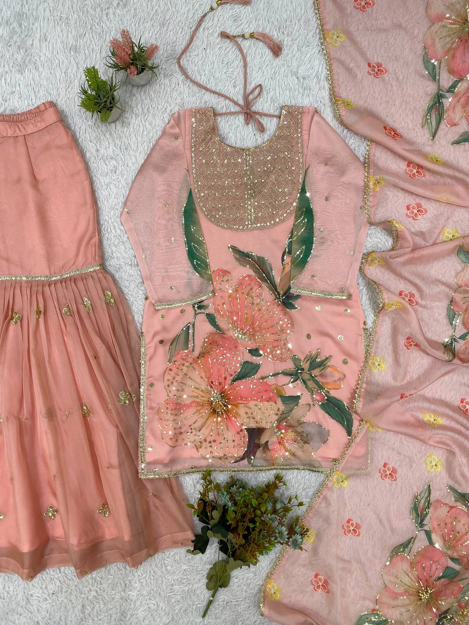 Elegant Blush Pink Sequence Embroidery Soft Organza Sharara Suit Set