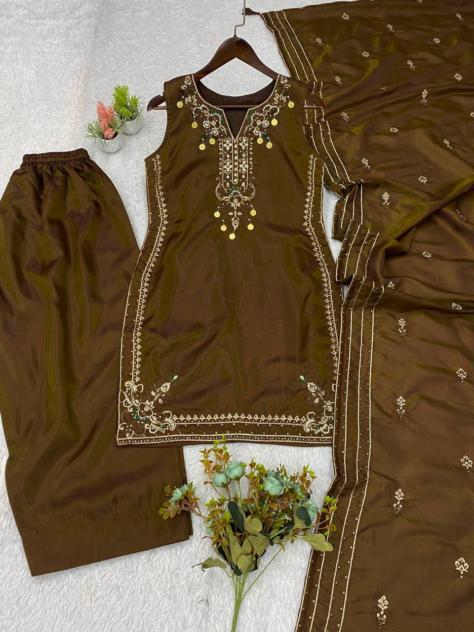 Chocolate Brown Coss Moss Salwar Suit Set with Sequin Embroidery