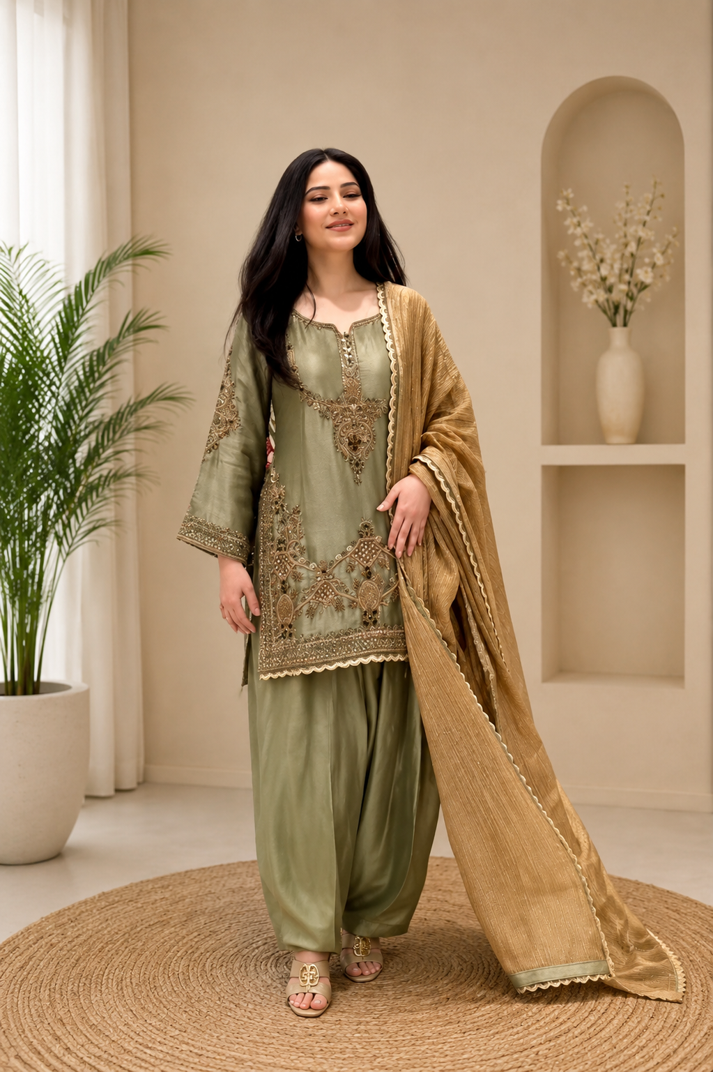 Premium Designer Sage Green Glass Satin Punjabi Salwar Suit Set