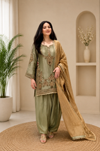 Premium Designer Sage Green Glass Satin Punjabi Salwar Suit Set