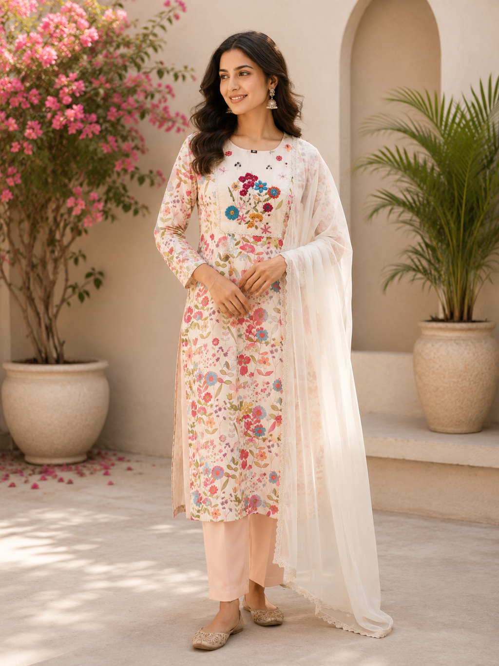 Catchy Peach Blossom Pure Linen Cotton Embroidered Suit Set
