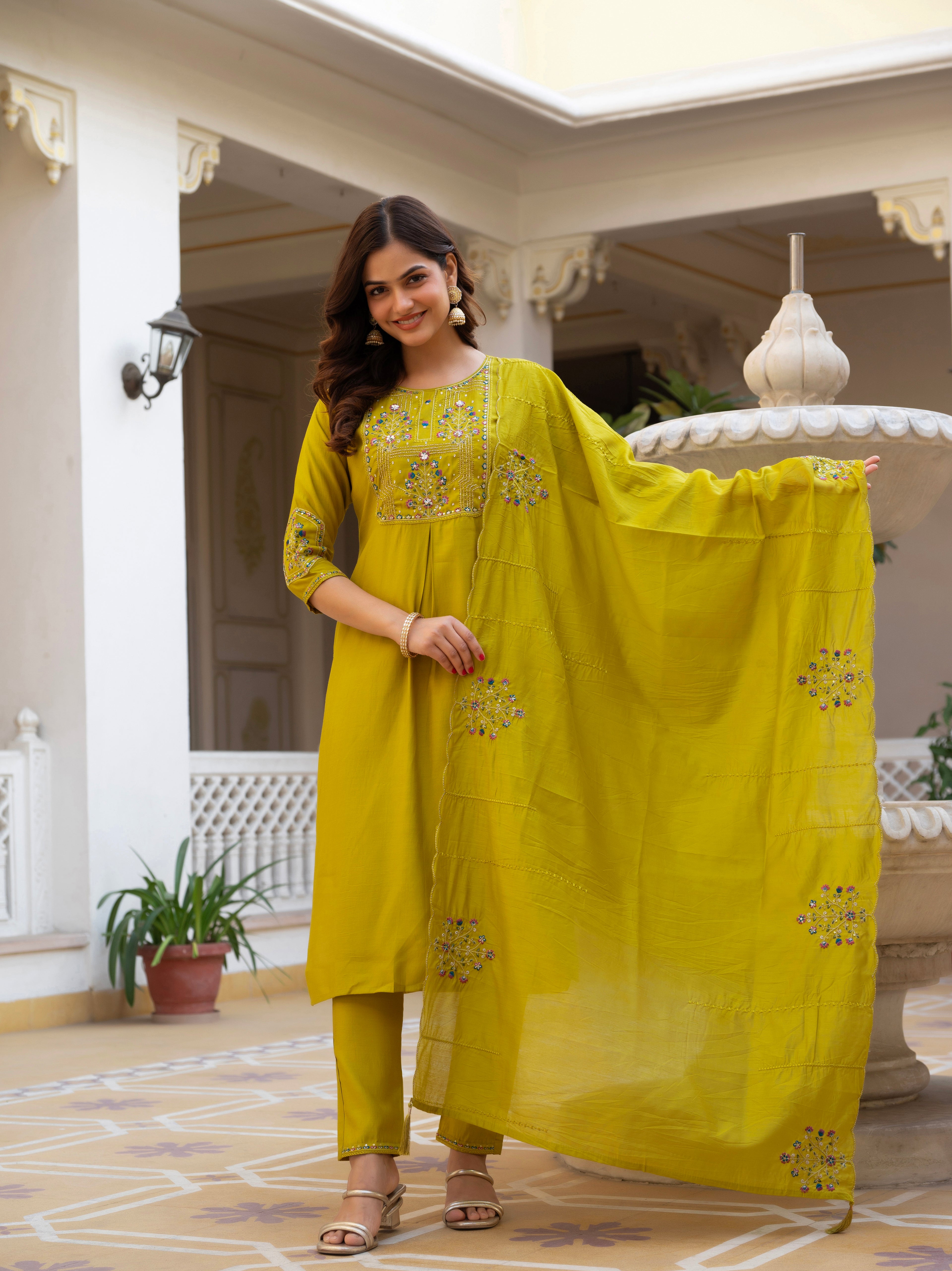 Luxury Pure Viscose Mango Silk Floral Embroidered Suit Set
