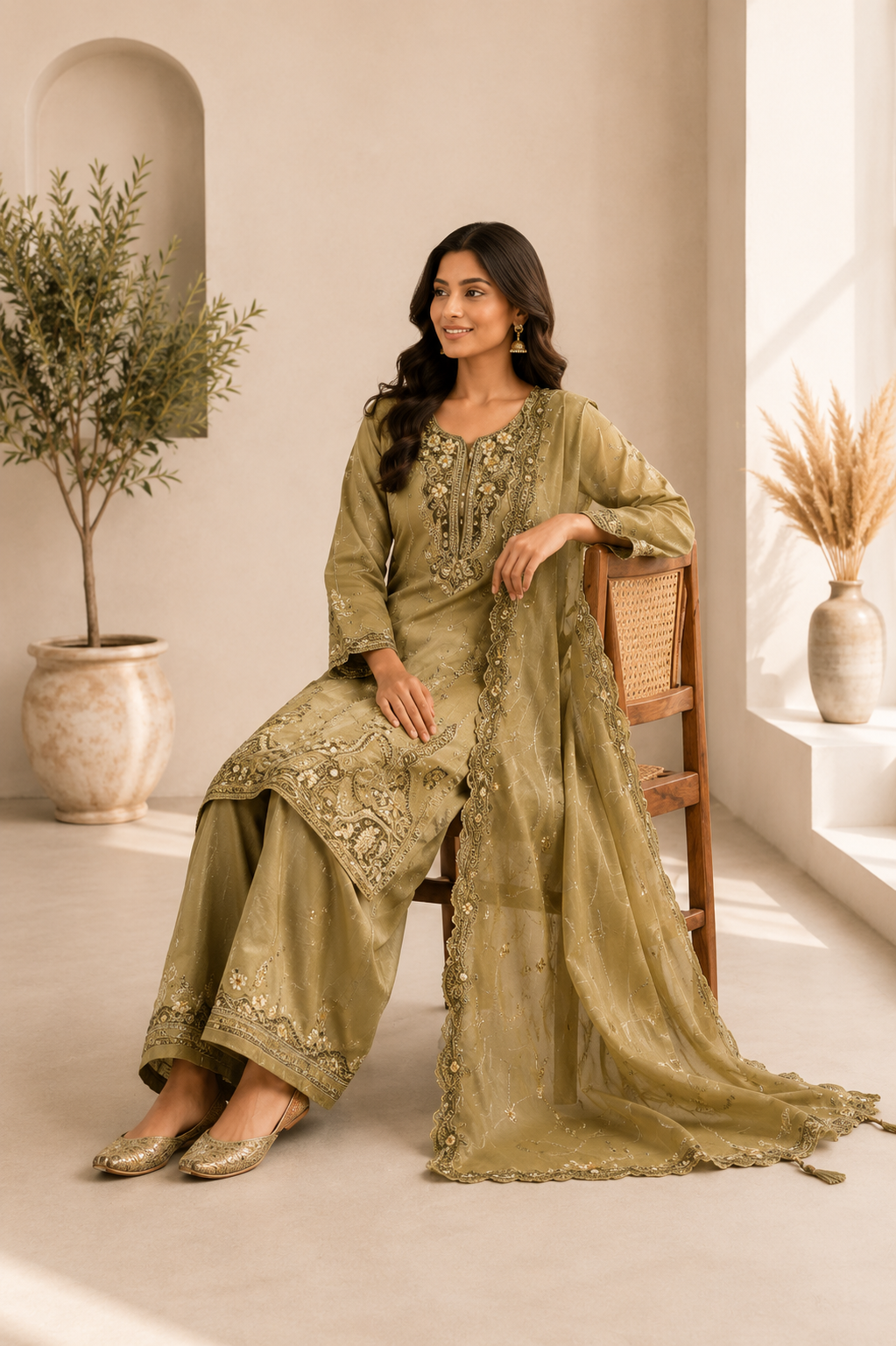 Elegant Olive Green Crunchy Silk Embroidered Suit Set with Organza Dupatta