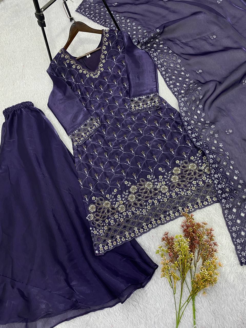 New Designer Purple Fandy Silk Embroidered Suit Set with Organza Dupatta