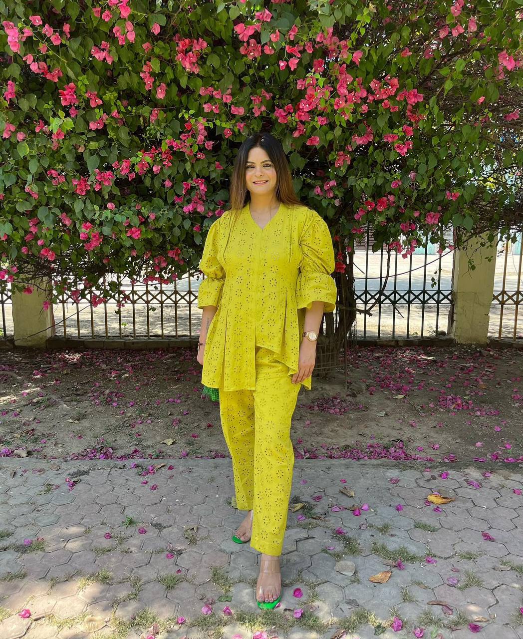 New Designer Lime Green Embroidered Cotton Co-ord Set
