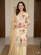 Very Beautiful Cream Muslin Silk Floral Print Suit Set