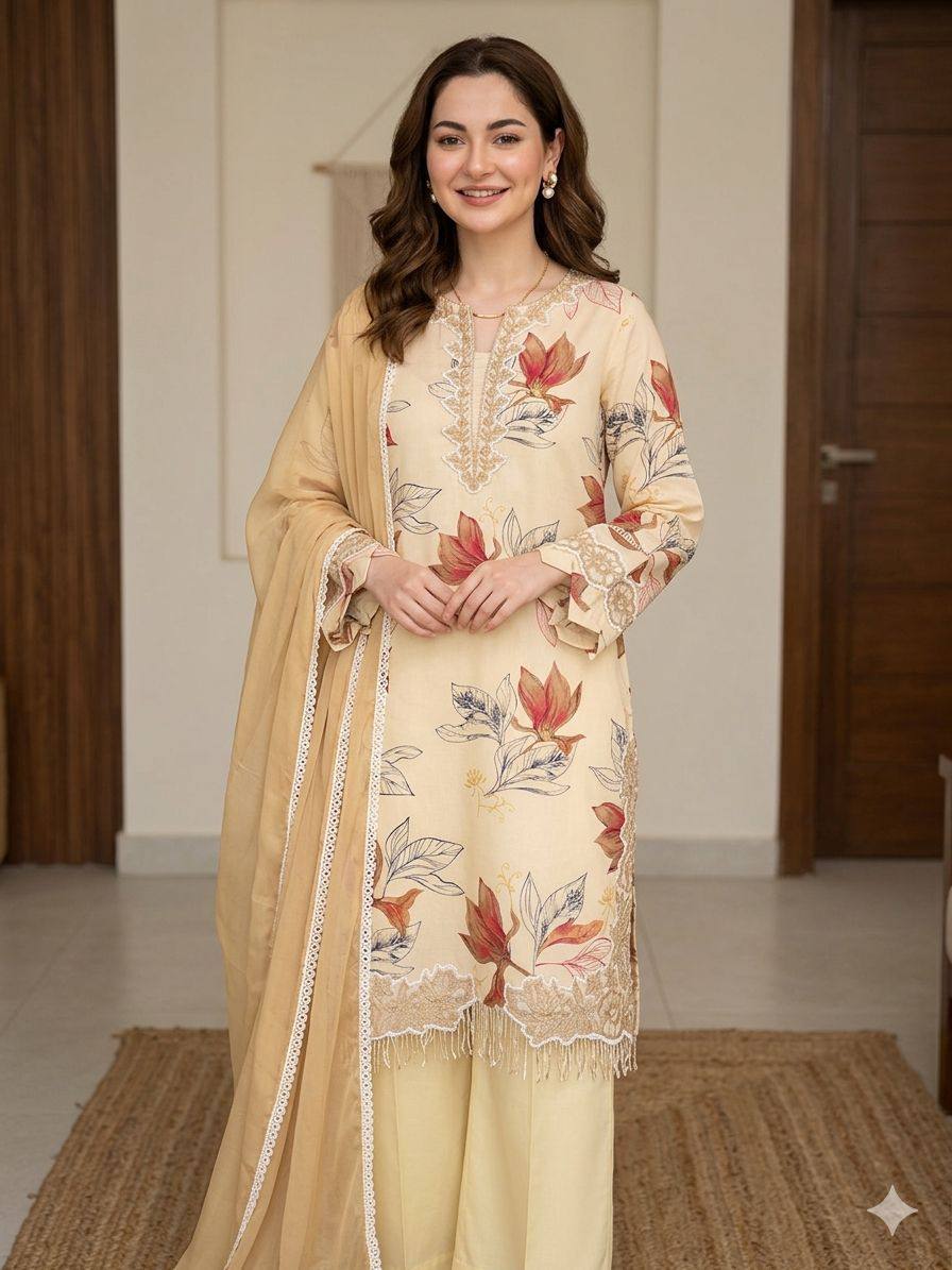 Very Beautiful Cream Muslin Silk Floral Print Suit Set