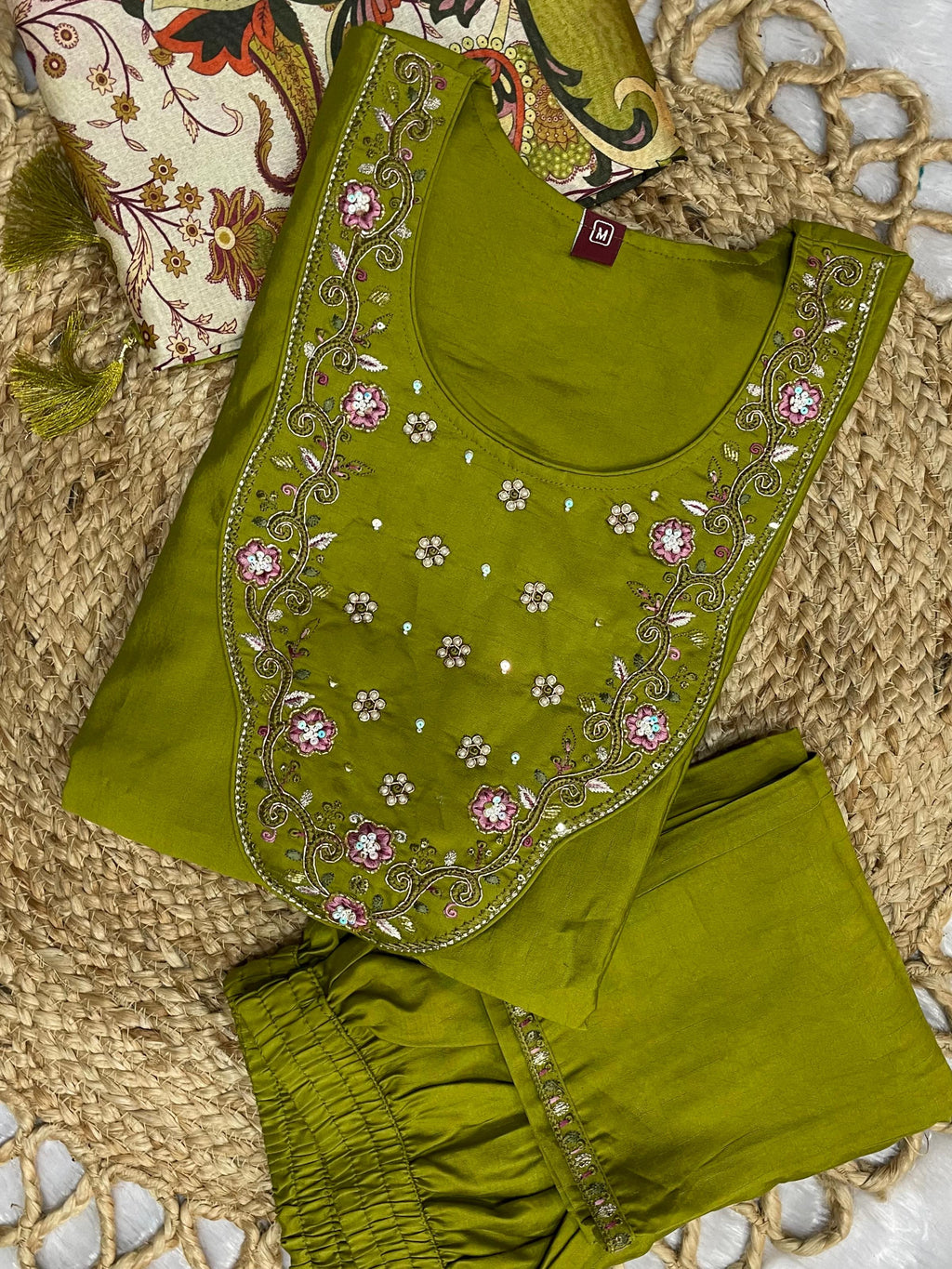 Beautiful Olive Green Premium Marina Silk Embroidered Kurti Pant Dupatta Set