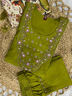 Beautiful Olive Green Premium Marina Silk Embroidered Kurti Pant Dupatta Set
