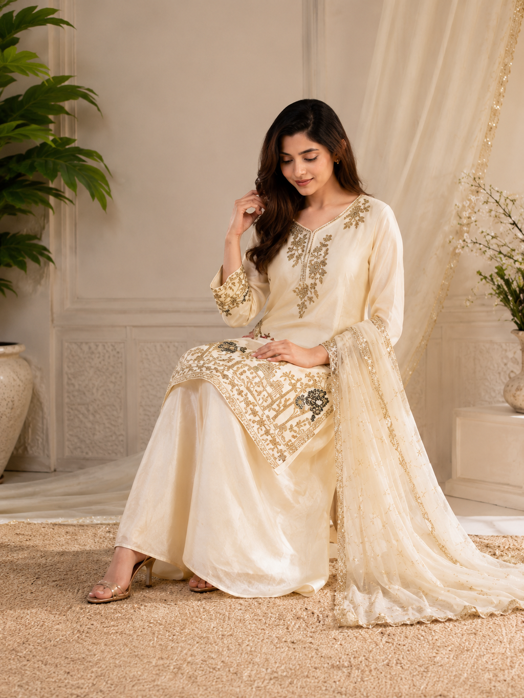 Very Beautiful Cream Fendy Silk Suit Set with Peacock Sequins Embroidery