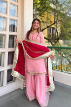 Women's Pink Organza Silk Kurta Sharara Set with Contrast Red Dupatta