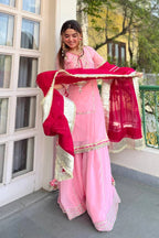 Women's Pink Organza Silk Kurta Sharara Set with Contrast Red Dupatta