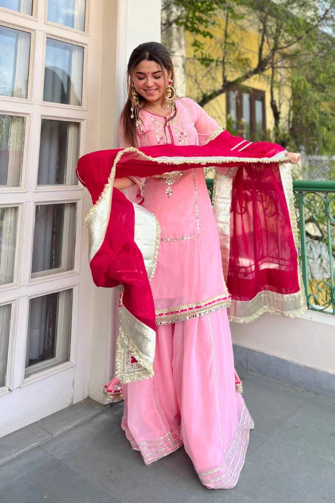 Women's Pink Organza Silk Kurta Sharara Set with Contrast Red Dupatta