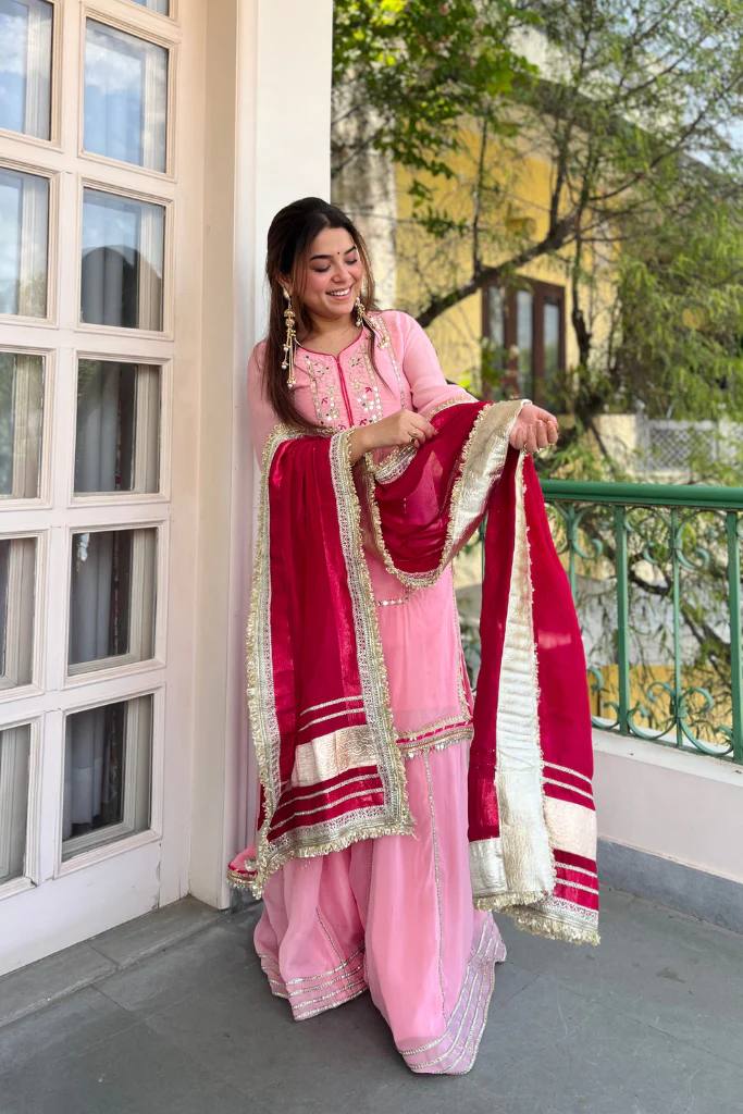 Women's Pink Organza Silk Kurta Sharara Set with Contrast Red Dupatta