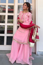 Women's Pink Organza Silk Kurta Sharara Set with Contrast Red Dupatta