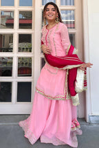 Women's Pink Organza Silk Kurta Sharara Set with Contrast Red Dupatta
