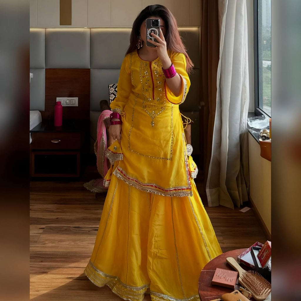 Women's Mustard Yellow Faux Georgette Embroidered Sharara Set with Contrast Pink Dupatta