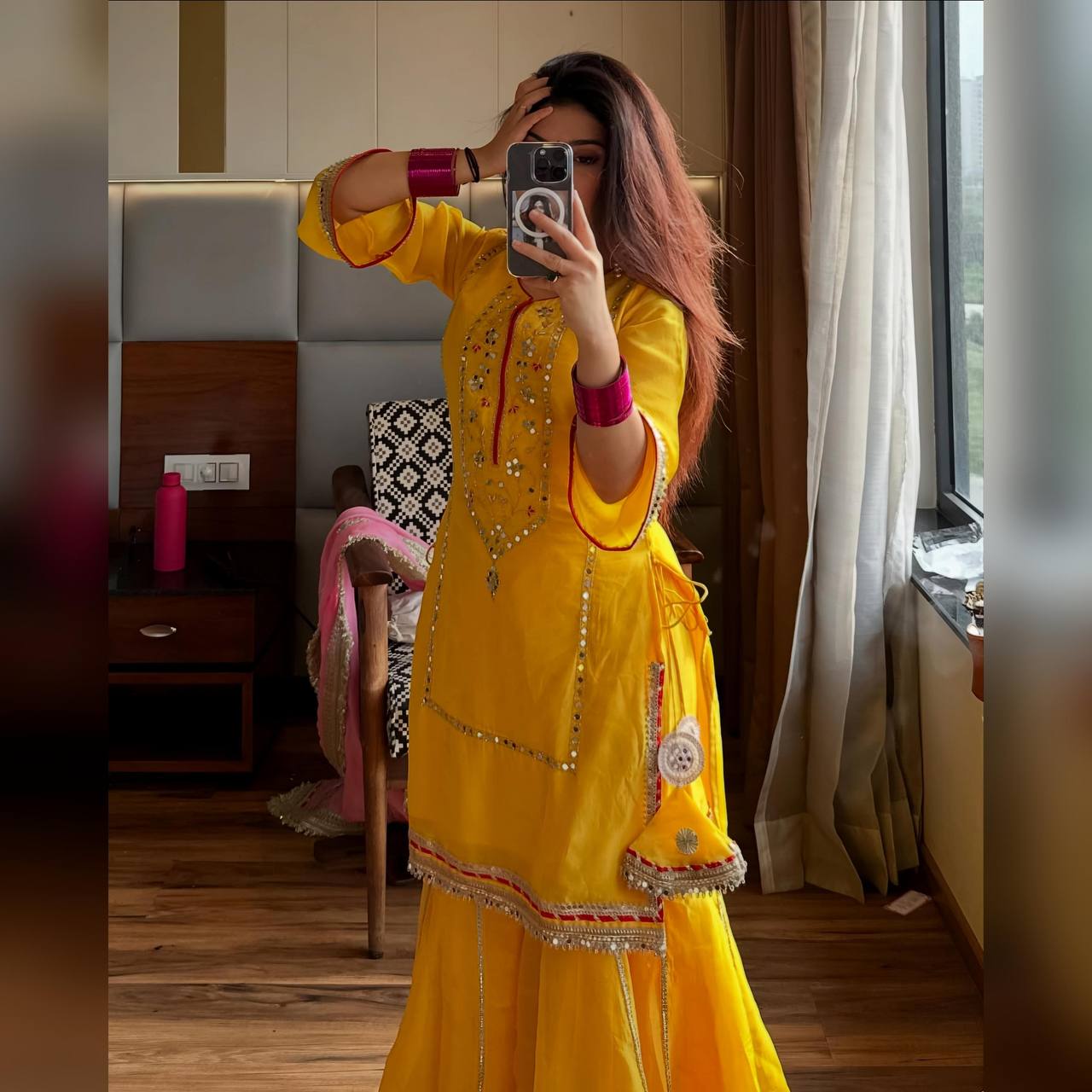 Women's Mustard Yellow Faux Georgette Embroidered Sharara Set with Contrast Pink Dupatta