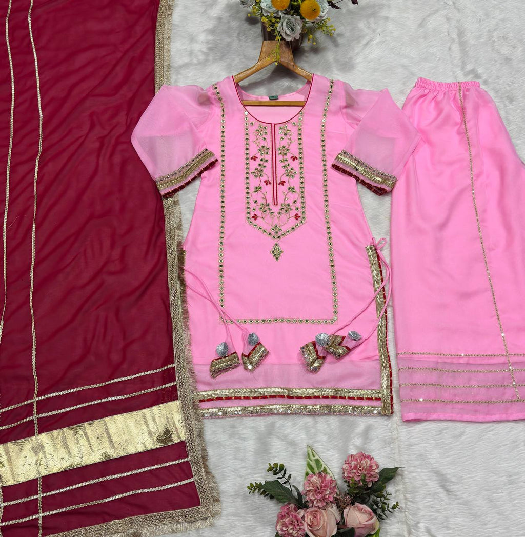 Women's Pink Organza Silk Kurta Sharara Set with Contrast Red Dupatta