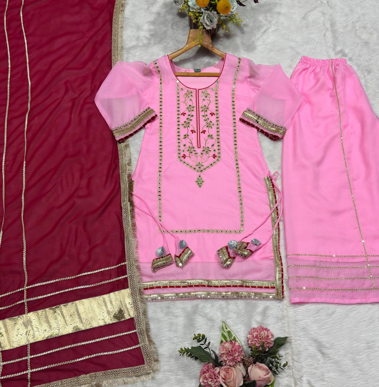 Women's Pink Organza Silk Kurta Sharara Set with Contrast Red Dupatta