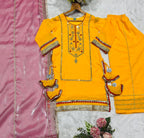Women's Mustard Yellow Faux Georgette Embroidered Sharara Set with Contrast Pink Dupatta